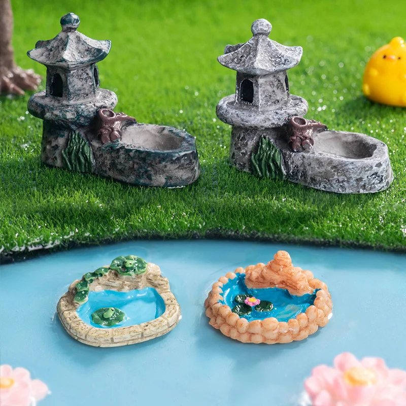 Japanese Resin Pond Tower House Miniature Fairy Garden Decor - Image 2