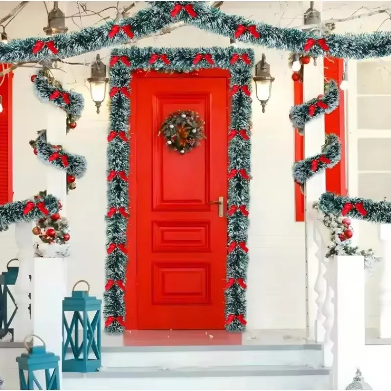 10M Green Tinsel Ribbon Garland with Bows for Holiday Decor - Image 6