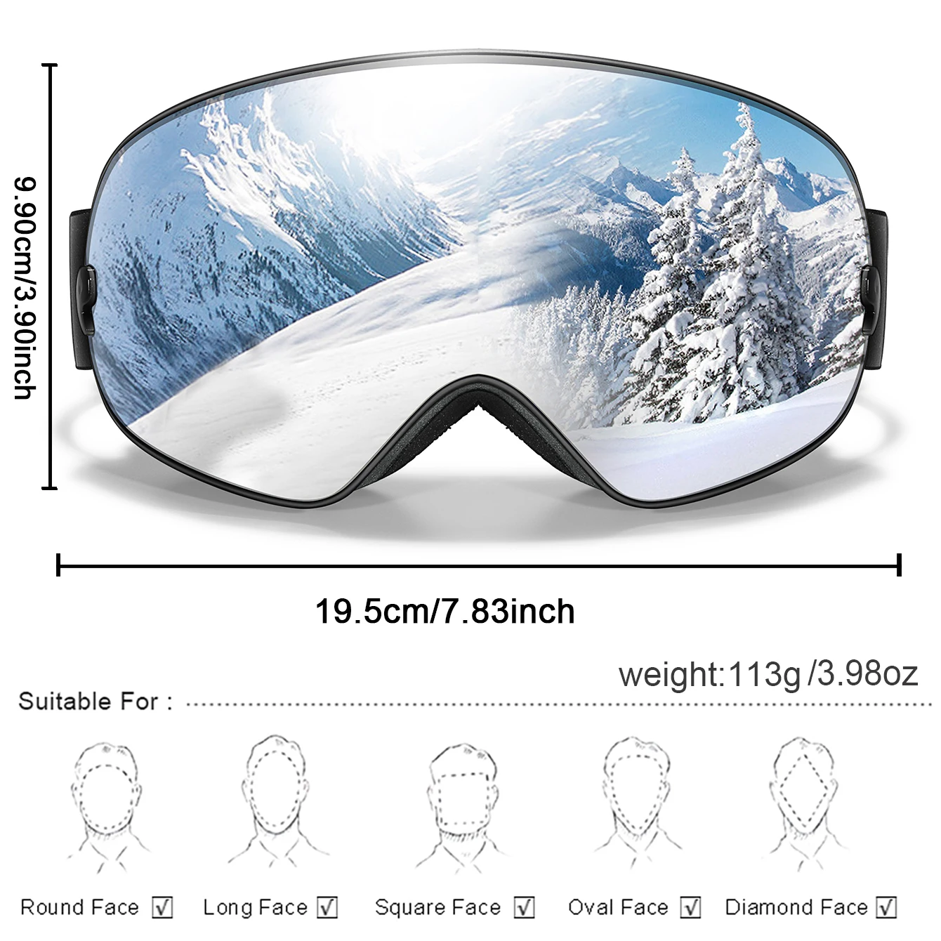 UV400 Anti-Fog Ski Goggles Polycarbonate Lens for Men Women - Image 2