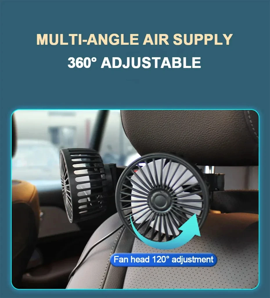 3-Speed USB Car Seat Back Dual Head Cooling Fan 360 Rotation - Image 5
