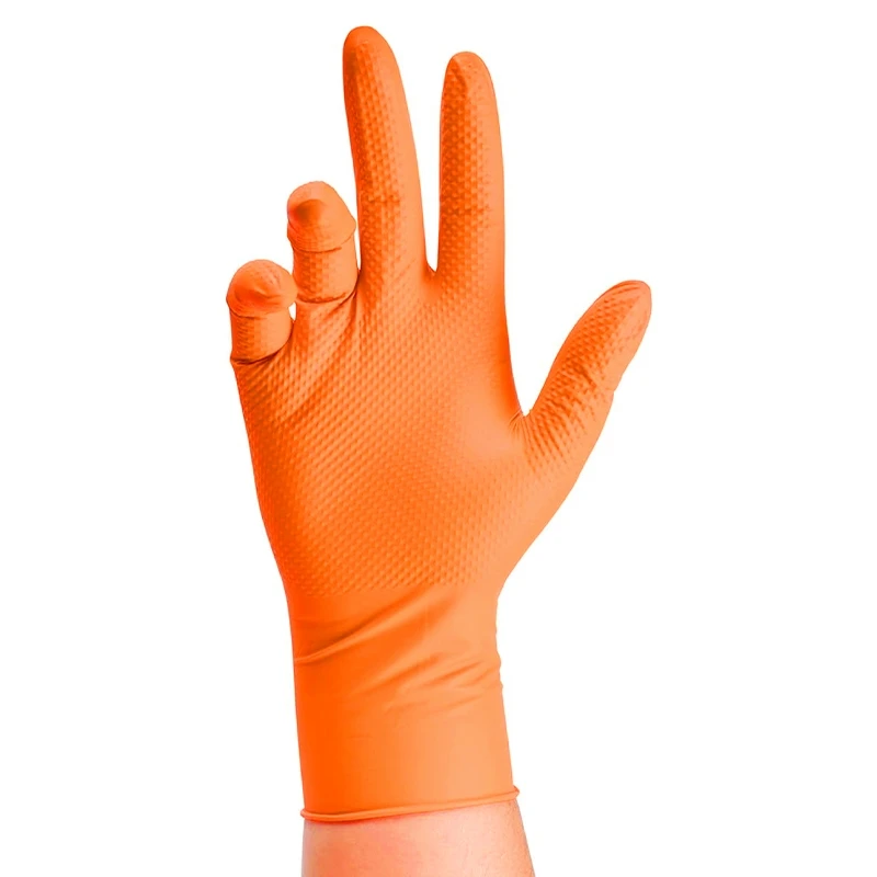 Heavy Duty Orange Nitrile 8Mil Disposable Work Gloves - Image 2