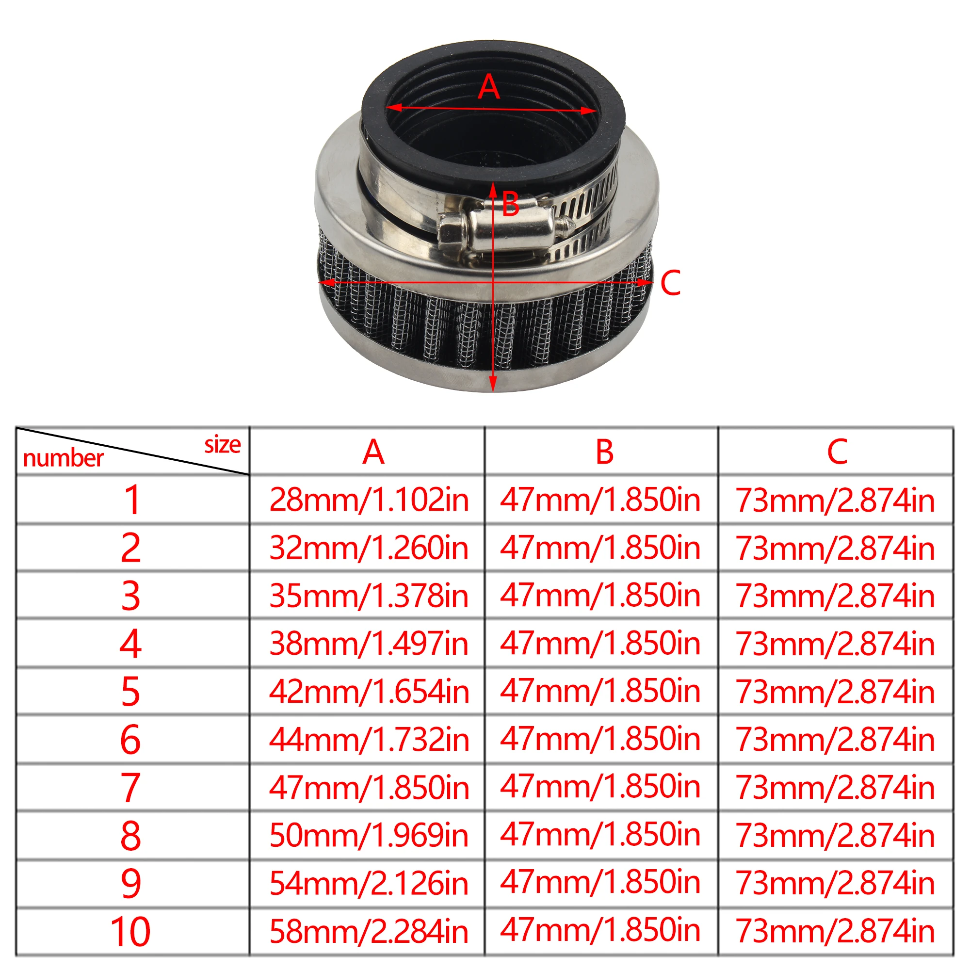 High Flow Motorcycle Air Filter 28-58mm Universal Rubber Metal - Image 6