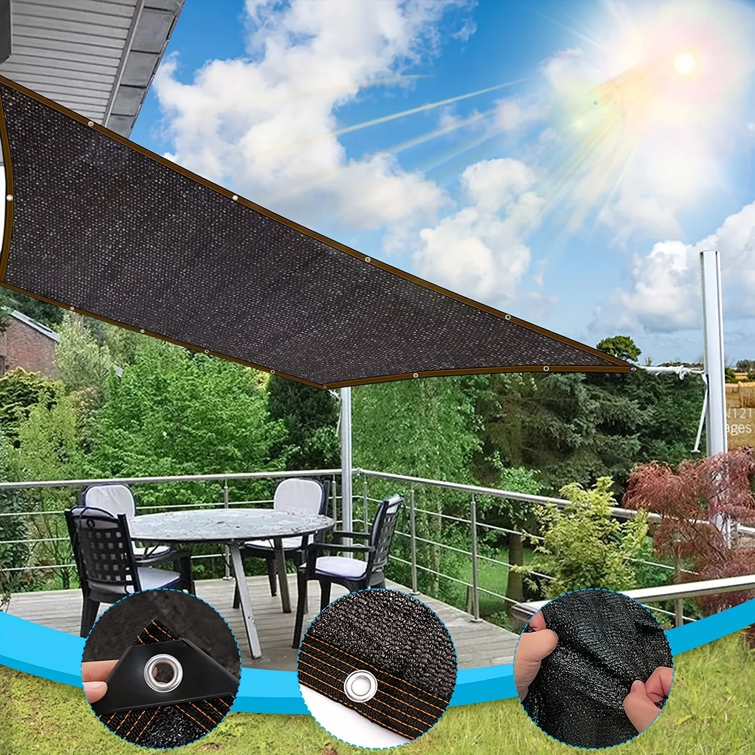 Black Shade Cloth Sunblock Mesh Taped Edge Grommets 6x8 ft