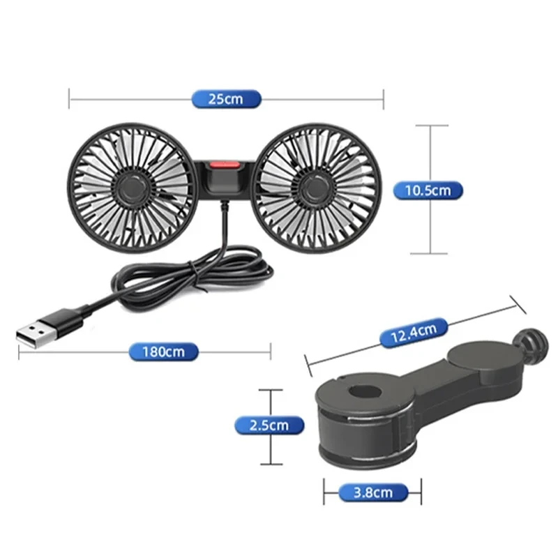 3-Speed USB Car Seat Back Dual Head Cooling Fan 360 Rotation - Image 2