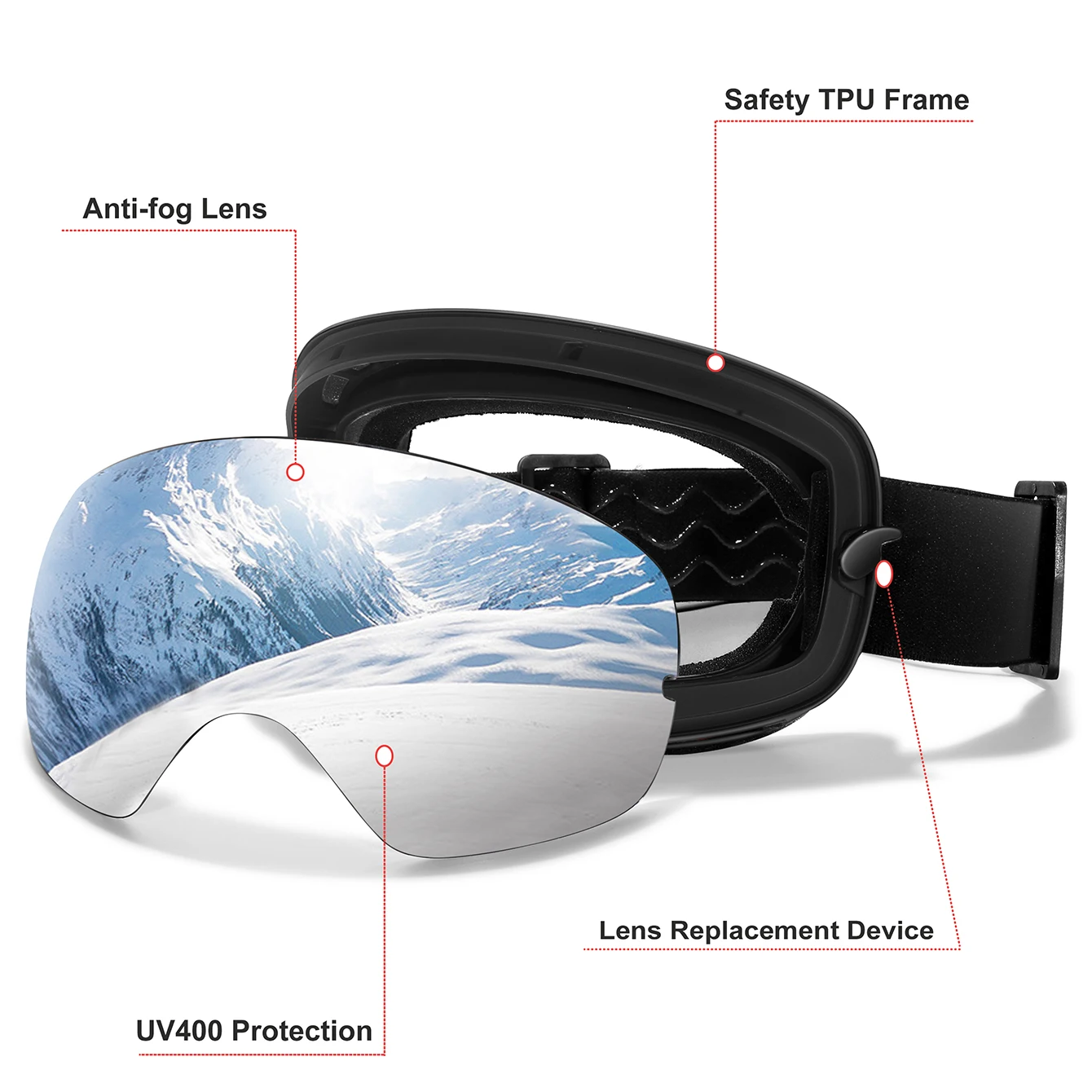 UV400 Anti-Fog Ski Goggles Polycarbonate Lens for Men Women - Image 3