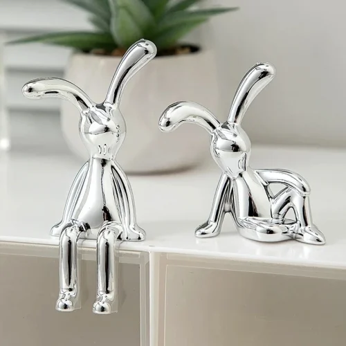 Silver Plastic Rabbit Ornaments for Home Decoration 2PC Set
