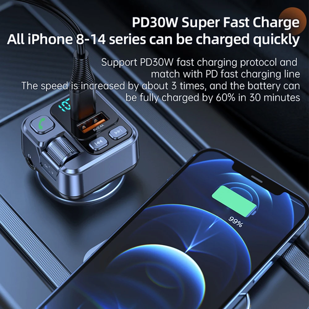 Bluetooth Car Receiver PD30W Fast Charging AUX FM Transmitter - Image 6
