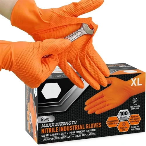 Heavy Duty Orange Nitrile 8Mil Disposable Work Gloves