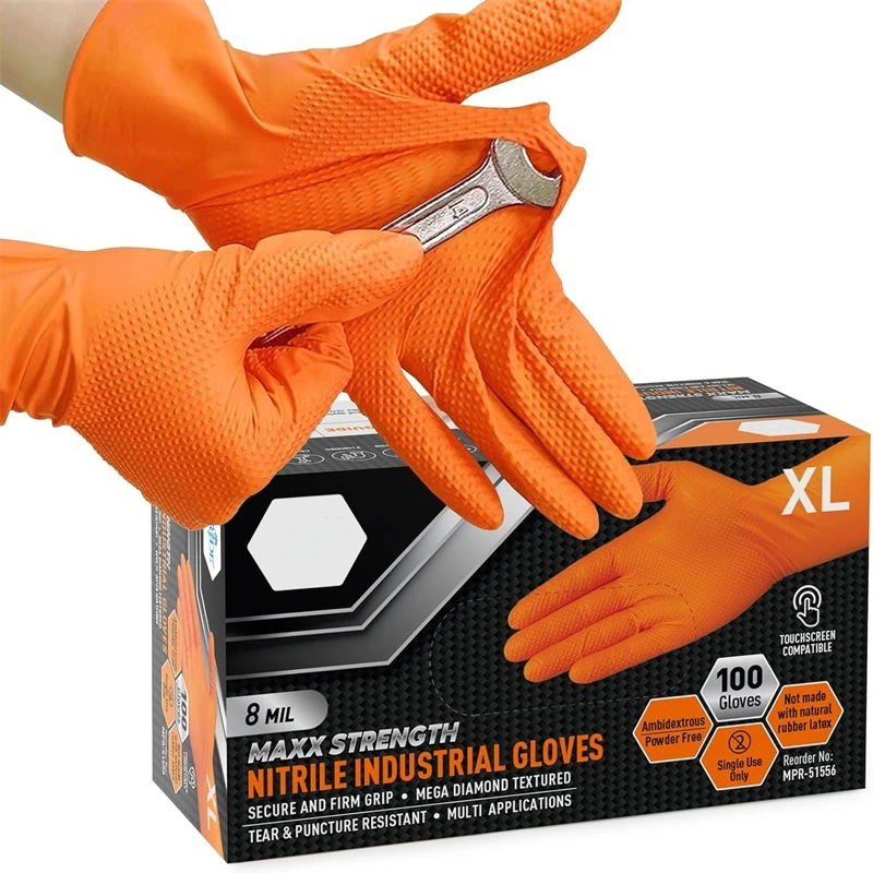 Heavy Duty Orange Nitrile 8Mil Disposable Work Gloves